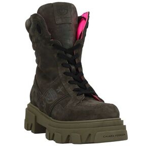 Chiara Ferragni Olive Brown Suede Lace-Up Platform Boot with Pink Lining
